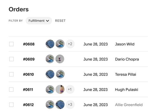 An online store management user interface screen highlighting active custom merch orders filtered by fulfillment status.